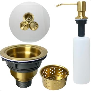 Imagem de Dona D Cor, Dispenser Dosador Detergente 350ml Inox Dourado Escovado E Valvula Ralo De Pia Cozinha 4 1/2 Com Cesto Higienico E Porta Detergente De Embutir