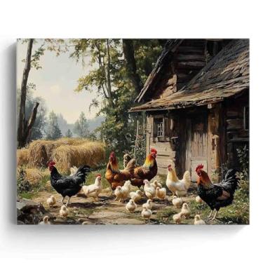 Imagem de B.B.F MAKE Arte de parede em tela Farmyard Chickens - Pintura a óleo vintage rústica impressão de pôster de animais de fazenda, decoração de parede encantadora para casa, cozinha, sala de estar