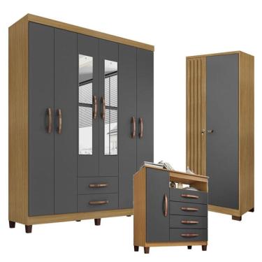 Imagem de Guarda Roupa Casal Modena  com Espelho 6 Portas e Cômoda Sapateira Cannes Armário Multiuso Versatile Carvalho Americano Grafite - Incorplac