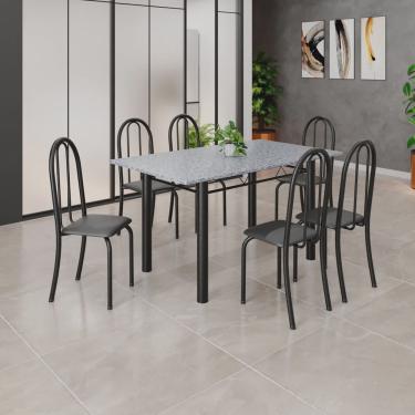 Imagem de Conjunto de Mesa Tubular 140cm X 75cm Tampo em Granito Ocre com 6 Cadeiras Iris B Preto