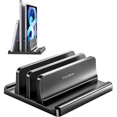 Imagem de Suporte vertical para laptop para mesa, suporte de laptop de plástico com dois compartimentos com design 4 em 1 que economiza espaço, suporte ajustável para laptop, suporta MacBook,