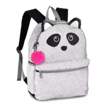 Imagem de Mochila Escolar Infantil Reversíveis Panda Paetês Com Pompom Chaveiro 
