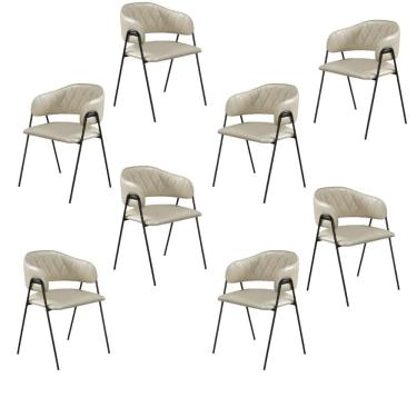 Imagem de Conjunto 8 Cadeiras Jantar Veneza Couro Pérola Base Metal Preto Pérola