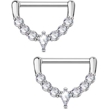 Imagem de OUFER 2 peças de joias de piercing de mamilo 14G, anéis de mamilo de aço cirúrgico 316l para mulheres e homens, argolas clicker segmento articulado CZ transparente - prata, 14G 14MM, Metal, Zircônia