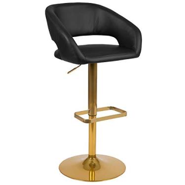 Imagem de Flash Furniture Erik Banqueta de bar contemporânea confortável e elegante com encosto arredondado no meio das costas e apoio para os pés, altura ajustável - vinil preto com base dourada