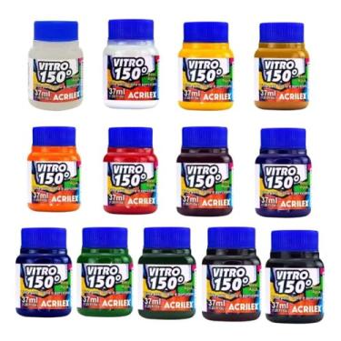 Imagem de Kit com 12 Unidades Tinta 150 Vitro Acrilex à Base de Água para Vidro, Cerâmica e Porcelana Durabilidade e Acabamento Impecável em Projetos de Pintura em Vidro, Porcelana, Cerâmica e Faiança.