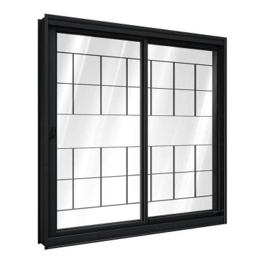 Imagem de Janela De Aço De Correr Lateral 1 Folha Móvel E 1 Folha Fixa Com Grade Quadrada 100x150cm Aço Pronto Riobras Preto