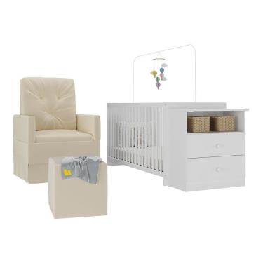 Imagem de Berço Cômoda Meu Bebê MP4102 com Colchão Poltrona de Amamentação e Puff Branco Multimóveis