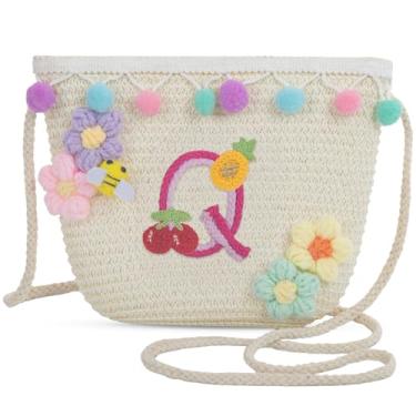 Imagem de Sacola feminina de praia de verão de palha pequena com letras 2025, bolsa de praia de palha de tecido para mulheres 2025 (Q, branca), Branco