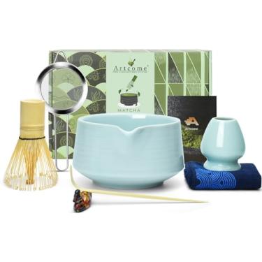Imagem de Artcome Conjunto De Utensílios Para Matcha - Kit Completo Com Bico Tigela, Batedor Bambu, Colher Chá, Suporte Batedor, Pano E Filtro Pó, Azul Celadon