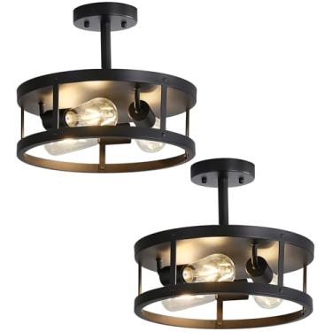 Imagem de Youroke Luminárias Pretas Rentes Ao Teto, Pacote Com 2, Semi-Embutidas De 13" Estilo Fazenda, 3 Luzes E26, Gaiola Metal Interna Para Casa, Corredor, Cozinha E Quarto