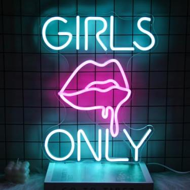 Imagem de Kullneon Placa De Neon Somente Para Meninas, Lábios Sensuais, Placas Led, Letras Azuis E Rosa, Barra Luzes Regulável Decoração Parede, Iluminação Quarto Menina, Caverna Masculina, Festa Clube