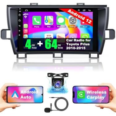 Imagem de [4 + 64 G] Estéreo automotivo Android 12 para Toyota Prius 2010-2015, compatível com carro sem fio e Android Auto, rádio Prius IPS de 9 polegadas com GPS, WiFi, rádio FM + câmera de backup HD +