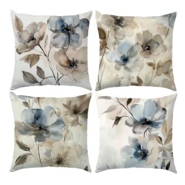Imagem de BEWQ Capas de almofada com pintura a tinta, 45,7 x 45,7 cm, conjunto de 4 fronhas quadradas florais modernas para ambientes externos, capas de almofada decorativas, casa de fazenda, jardim, decoração