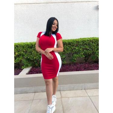 Imagem de Vestido feminino curto com manga detalhe listra lateral malha canelada