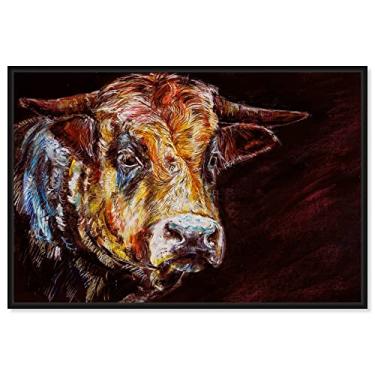 Imagem de Pintura em tela Country Farmhouse Arte de parede animal "Splash of Color Painted Cow" tela emoldurada preta decoração rústica para casa 76 x 50 cm marrom, amarelo por Oliver Gal