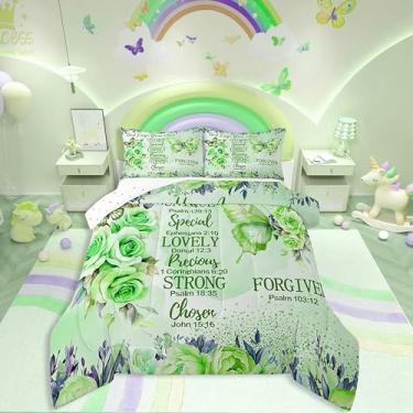 Imagem de Erosebridal Conjunto de edredom king, rosa turquesa, borboleta verde menta, para casal, presente de dia dos namorados, edredom com lema de amor