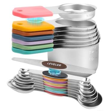 Imagem de Conjunto de copos e colheres de medição de aço inoxidável com 16 peças, design magnético forte, 7 xícaras, 8 colheres com nivelador, marcações de medição dupla para ingredientes secos e líquidos