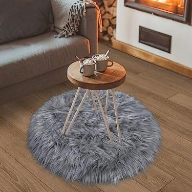 Imagem de TENNOLA Tapetes redondos pequenos de pele de carneiro sintética, 6 m, cinza, fofo, macio, felpudo e circular, tapete grosso para sala de estar, quarto, cadeira de sofá, cinza