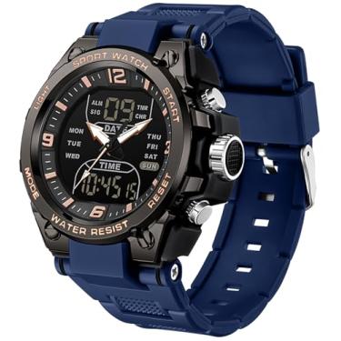 Imagem de Relógio masculino masculino para esportes ao ar livre com 5 ATM, à prova d'água, contagem regressiva, digital, analógico, três vezes, dia, data, semana, relógio de pulso robusto para corrida, Preto