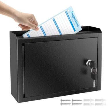 Imagem de MaxGear Caixa de sugestões de metal com cadeado 24,9 cm x 7,6 cm x 17,8 cm, caixa de correio trancada preta, caixa de correio montada na parede, urna com 50 cartões de sugestões