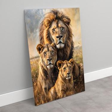 Imagem de Quadro decorativo vertical família de leão com um filhote - MeMoldura,