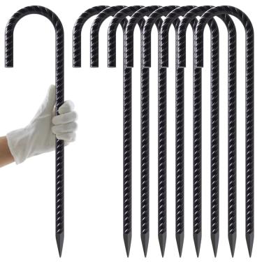 Imagem de AAGUT Pacote com 8 estacas de vergalhão de 3/20.3 cm Heavy Duty J Hook Chain Link Fence Stakes com ponta de cinzel âncoras de aço para decoração de tendas e exteriores, revestido de preto