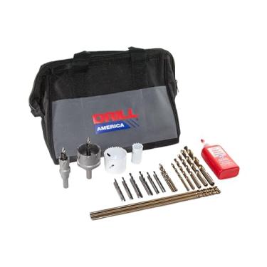 Imagem de Drill America Kit de ferramentas de chaveiro de 35 peças – cortador de furo, conjunto de brocas e torneiras com serras de furo populares, cortadores, torneiras, brocas de cobalto, fluido de corte e