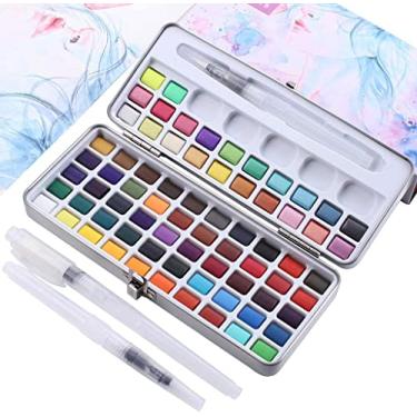 Imagem de Krobot Conjunto de tinta de aquarela sólida de 72 cores com kit de 3 pincéis de pintura portátil de metal profissionais iniciantes estudantes arte pintura bloco de ferramentas