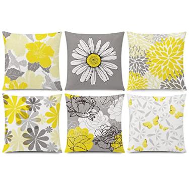Imagem de COMMINY Conjunto de 6 capas de almofada cinza amarelo 50 x 50 cm, capa de almofada quadrada rústica para sofá, quarto, sala de estar, casa de fazenda, decoração de casa