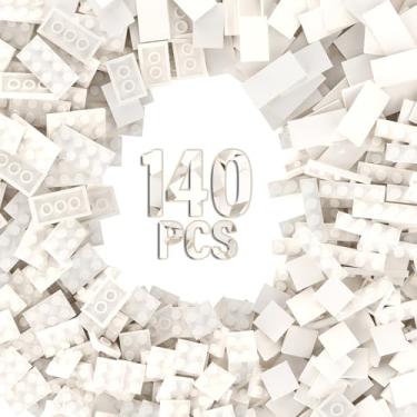 Imagem de 140 peças de tijolos de construção clássicos brancos + azulejo, pacote de 7 tipos de blocos de construção a granel, compatível com peças e peças Lego (branco)