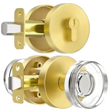 Imagem de naubea Maçaneta de porta de vidro cristal com trava de fechadura, maçaneta de porta frontal dourada escovada e conjunto de fechadura