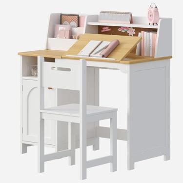 Imagem de Treocho Mesa de estudo infantil branca e marrom com cadeira, conjunto de mesa e cadeira infantil para crianças de 5 a 12 anos, mesa de escrita de madeira para escola com gavetas OD2404-1TWL