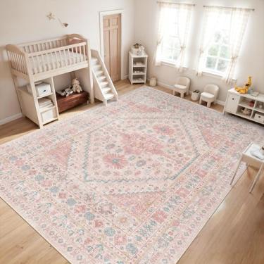 Imagem de Tapete de 3 x 4 m zesthome Rosa, grande, para quarto de meninas, lavável, resistente a manchas, tapete vintage de felpa baixa, para quarto de bebê, decoração de quarto rosa (rosa/azul, 3 x 4 m)