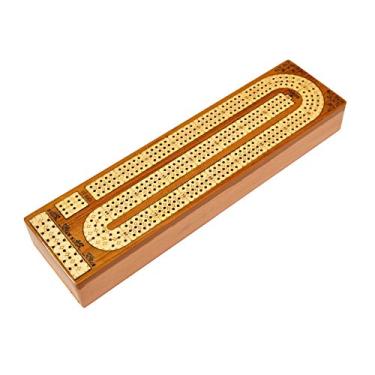 Imagem de PALM ROYAL HANDICRAFTS 3 Track Wooden Cribbage Board Set Inlaid in Teak Wood and Maple Wood with Metal pegs Storage Available. 3 Player Cribbage Board (12.5 x 3.5 Inches)