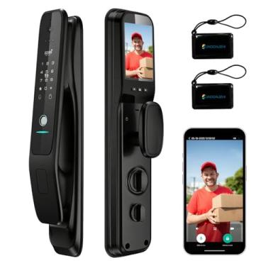 Imagem de Jacchozhi Bloqueio inteligente de vídeo com reconhecimento facial 3D com câmera, entrada sem chave, fechadura de encaixe inteligente para porta da frente, WiFi embutido, campainha, tela HD de 4