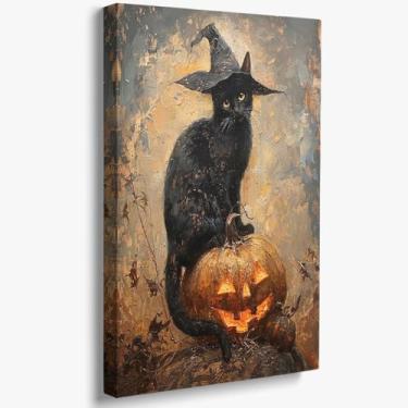 Imagem de Arte de parede em tela de Halloween, chapéu mágico de gato preto, estampa de abóbora, pôster de terror da academia escuro, imagens de decoração de parede de Halloween para sala de estar quarto