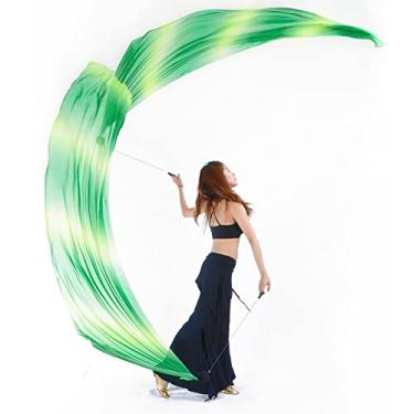 Imagem de 2 peças de véu de seda + 2 peças de bola de corrente Poi feminina dança do ventre Poi Streamer bola de arremesso adereços de palco (verde-escuro amarelo)