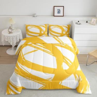Imagem de Jogo de cama King listrado amarelo e branco para crianças, adolescentes e adultos, geométrico, listrado, geométrico, para minimalistas, grafite e linhas estéticas, edredom boêmio, arte moderna