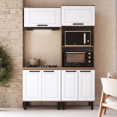 Imagem de Cozinha Modulada Provençal 4 Peças Balcão, Tampo, Armário Basculante e Torre Quente Jequitibá/Branco Fosco