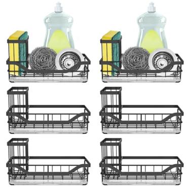Imagem de TKSDWBLTY 6 peças rack de drenagem de pia de aço inoxidável suporte organizador de pia rack à prova de ferrugem escova de bancada suporte de esponja com bandeja de gotejamento removível