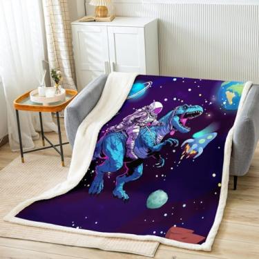 Imagem de Cobertor de pelúcia do espaço sideral astronauta foguete cobertor de lã galáxia Spaceman crianças dinossauro sherpa cobertor para meninos meninas universo planetas cobertor felpudo para sofá-cama