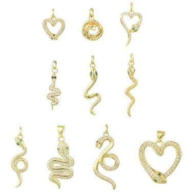 Imagem de UR URLIFEHALL 10 peças, 10 estilos, pingentes de cobra de zircônia cúbica, banhado a ouro 18 K, Cobra de sangue frio, pingentes de pingente de animal para fabricação de joias a granel