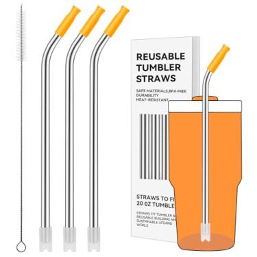 Imagem de Prurex Canudos de metal reutilizáveis com ponta de silicone para Stanley 600 ml, canudos de aço inoxidável para copo de 590 ml, 3 tubos dobrados e 6 pontas e 1 escova Cleanr (Goldenrod)