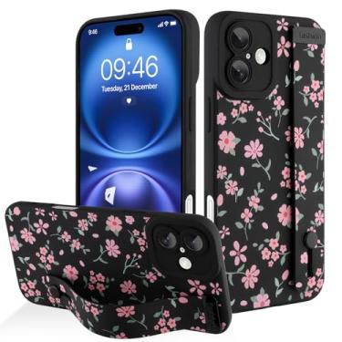 Imagem de AIGOMARA Capa para iPhone 16 Plus com alça para mulheres e meninas, linda estampa floral rosa, capa protetora de silicone com suporte de faixa macia, preta