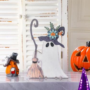 Imagem de Yousoontic Vassoura fantasma Halloween placa de mesa de madeira decoração bruxa vassoura de mesa em pé centro de mesa decoração Halloween assustador fantasmas fofos artesanato para casa, interior