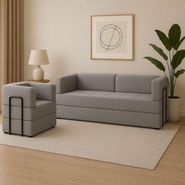 Imagem de Kit Sofá E Poltrona Na Caixa Modular Roberta Para A Sala Cinza