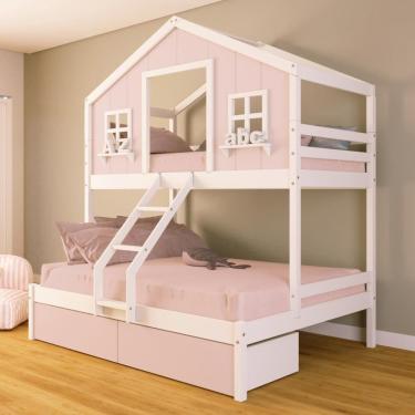 Imagem de Beliche Casal/ Solteiro Casinha Sonhos com 02 Gavetas Rosa Madeira Maciça Rosa/ Branco Housin
