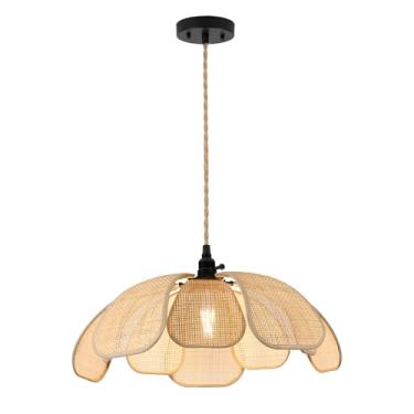 Imagem de ALAISLYC Lustres de flores Boho para sala de jantar casa de fazenda luzes pendentes de vime menina lustre tecido à mão para quarto luminária suspensa de 50 cm para ilha de cozinha