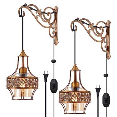 Imagem de KAMTAT-ZS Arandelas de parede de plugue, arandelas de parede de bronze, conjunto de dois, lâmpada de parede regulável com plugue de 2 m, cabo de interruptor liga/desliga com braço de metal bronze